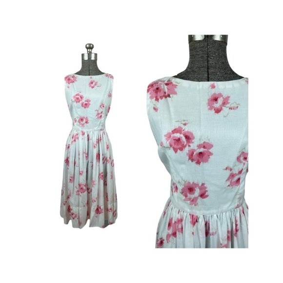 1960s pink floral dress semi sheer batiste watercolor print Size S - Picture 1 of 6